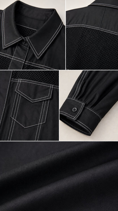Close-up details of collar, contrast stitching, flap pocket, button cuff, and fabric texture