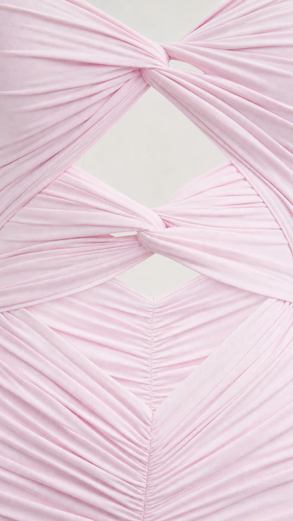 Close-up detail of front twisted knot and cutout design