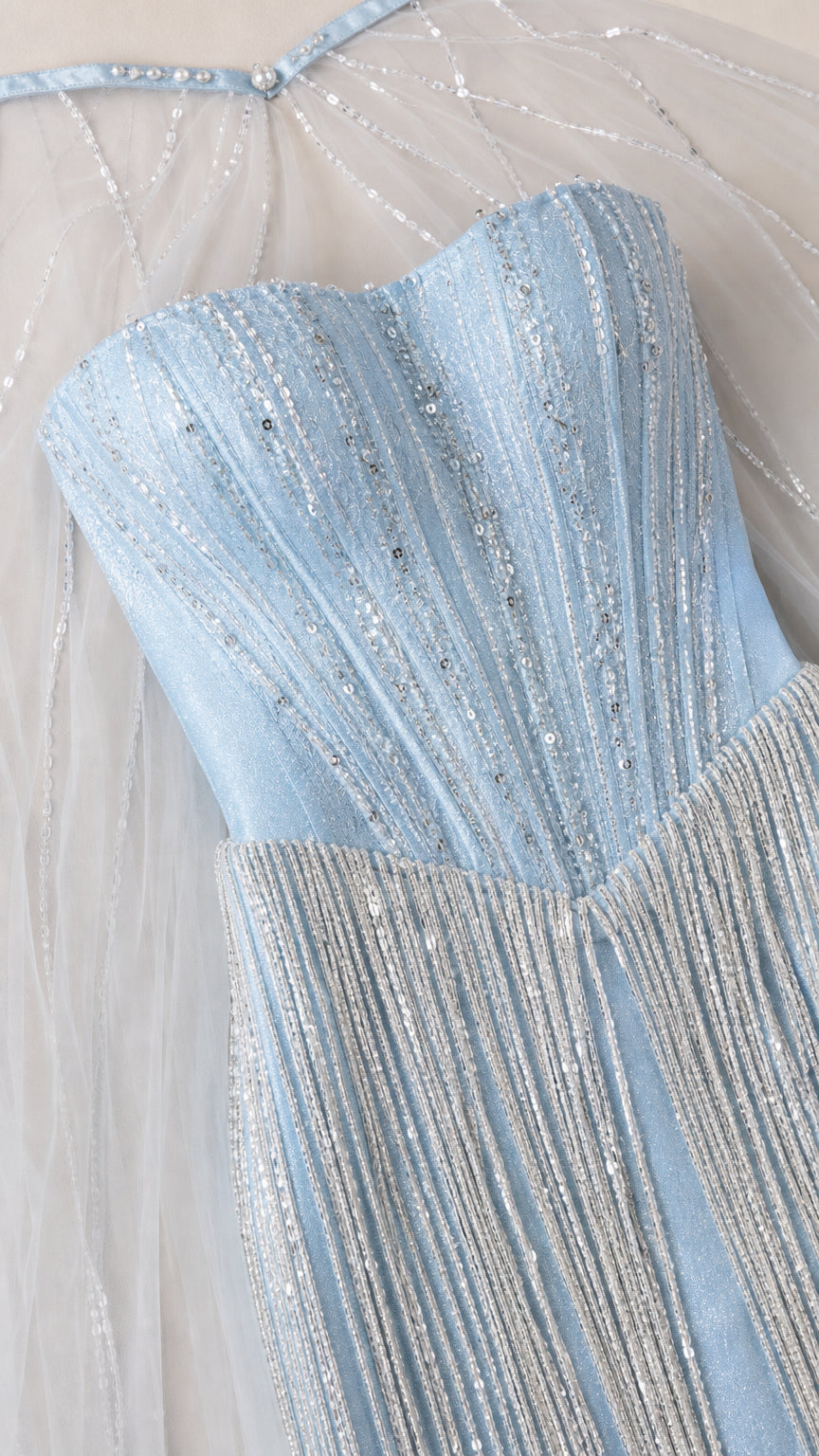 Close-up of light blue beaded corset sweetheart neckline and delicate fringe details