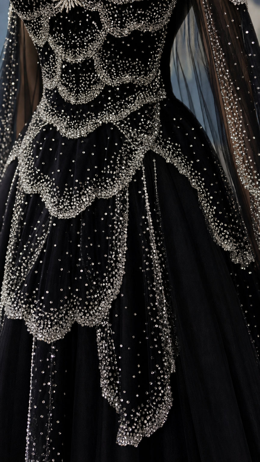 Detailed close-up of intricate scalloped crystal beading on bodice overlay