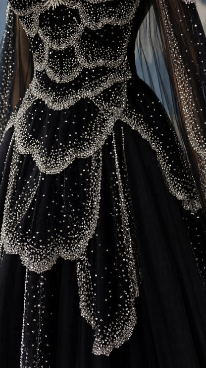 Detailed close-up of intricate scalloped crystal beading on bodice overlay
