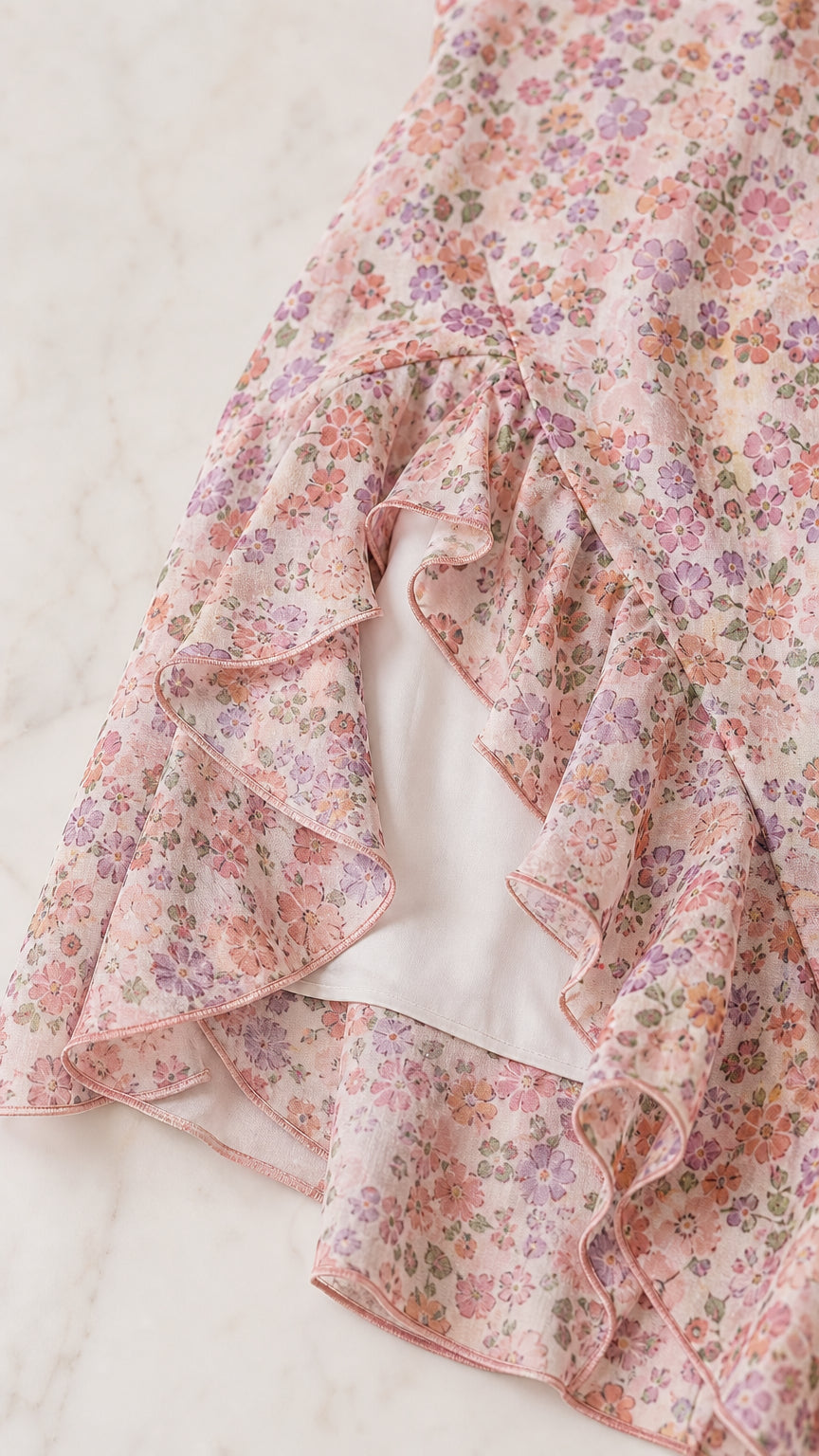 Close-up detail of the ruffled hem and soft lining on floral dress