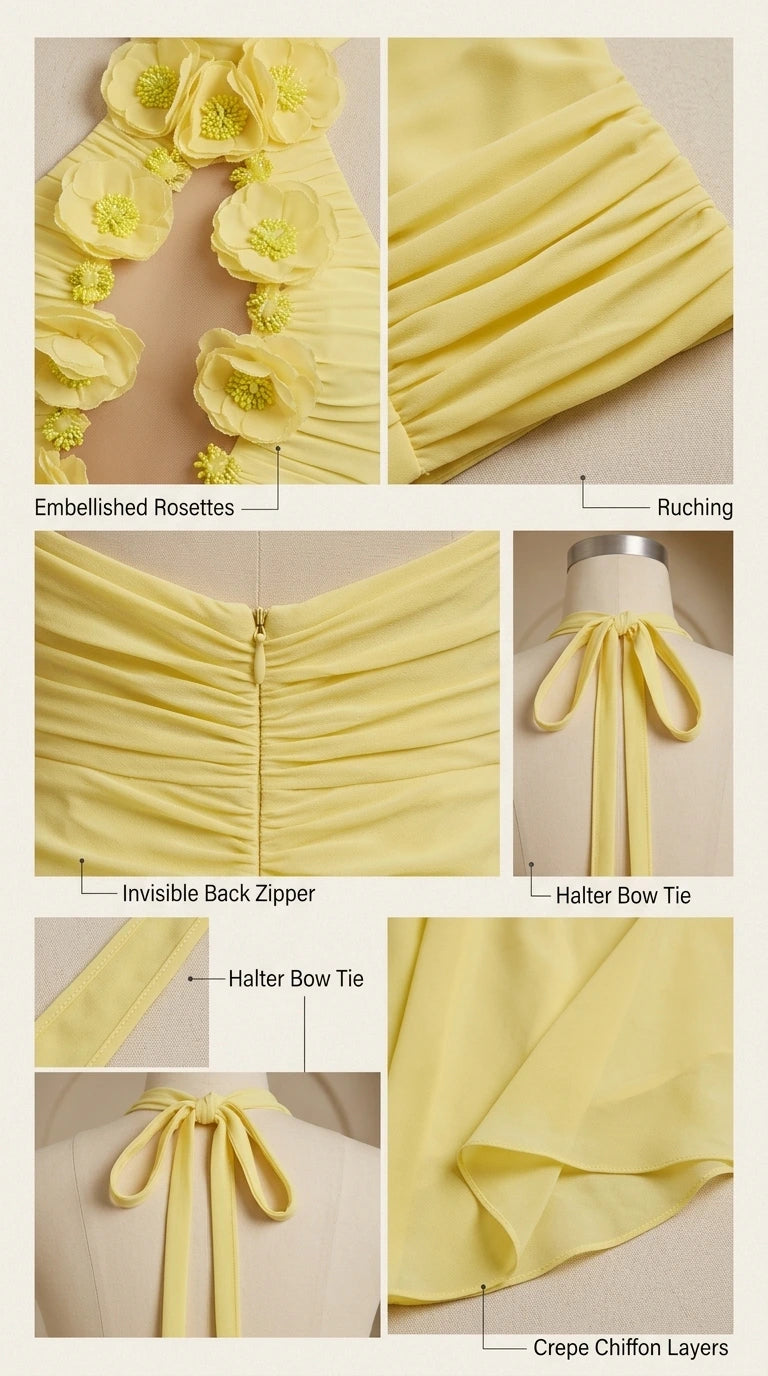 Detailed product breakdown showing rosettes, ruching, zipper, and bow tie