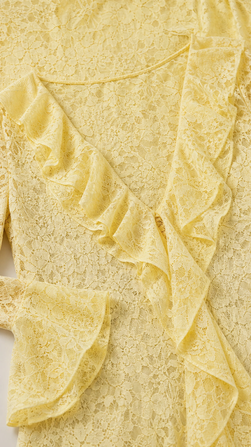 Close-up detail of lace pattern and ruffle trim