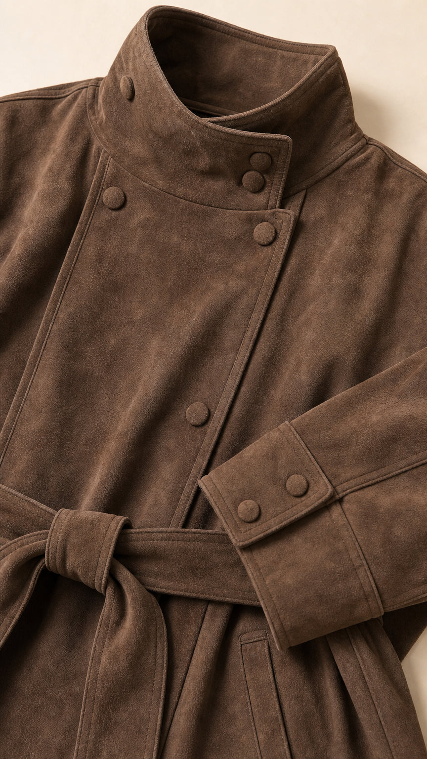 Close up of brown faux suede jacket collar and button details