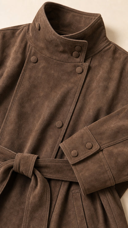 Close up of brown faux suede jacket collar and button details