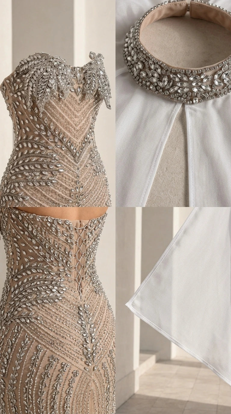 Close-up of crystal bustier embellishments and jeweled choker collar