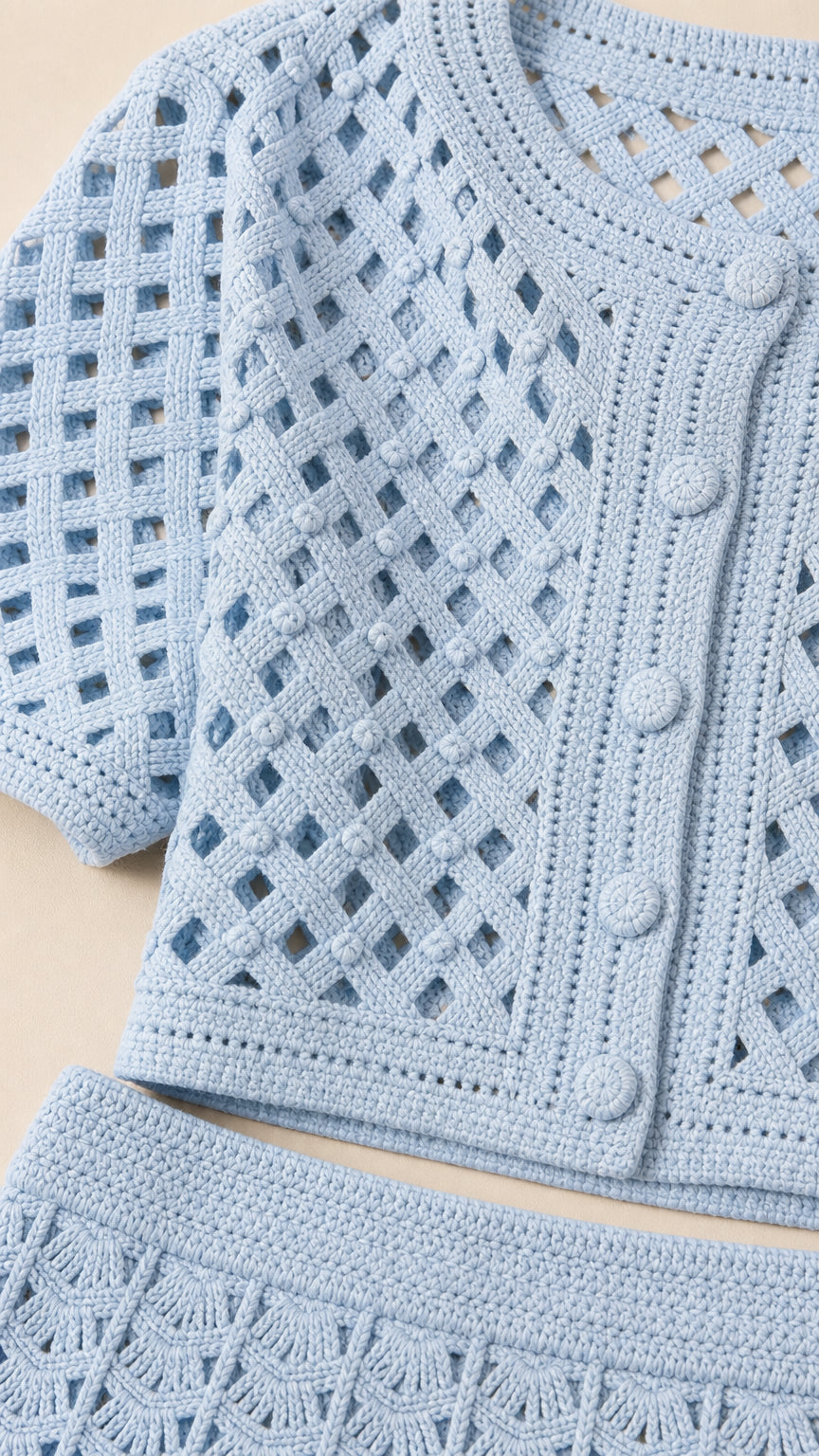 Close up of light blue open knit cardigan texture and buttons