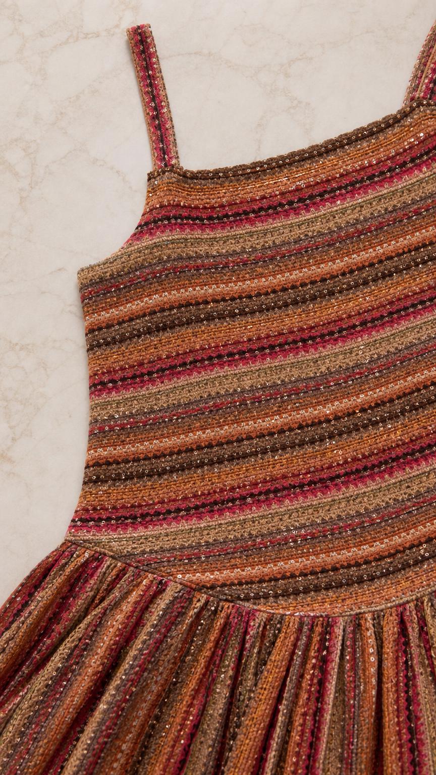 Close-up detail of knit texture and stripe pattern on dress