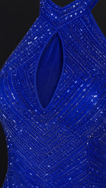 Close-up detail of halter neckline and keyhole cutout