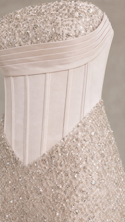 Close-up detail of structured corset bodice and sequin texture