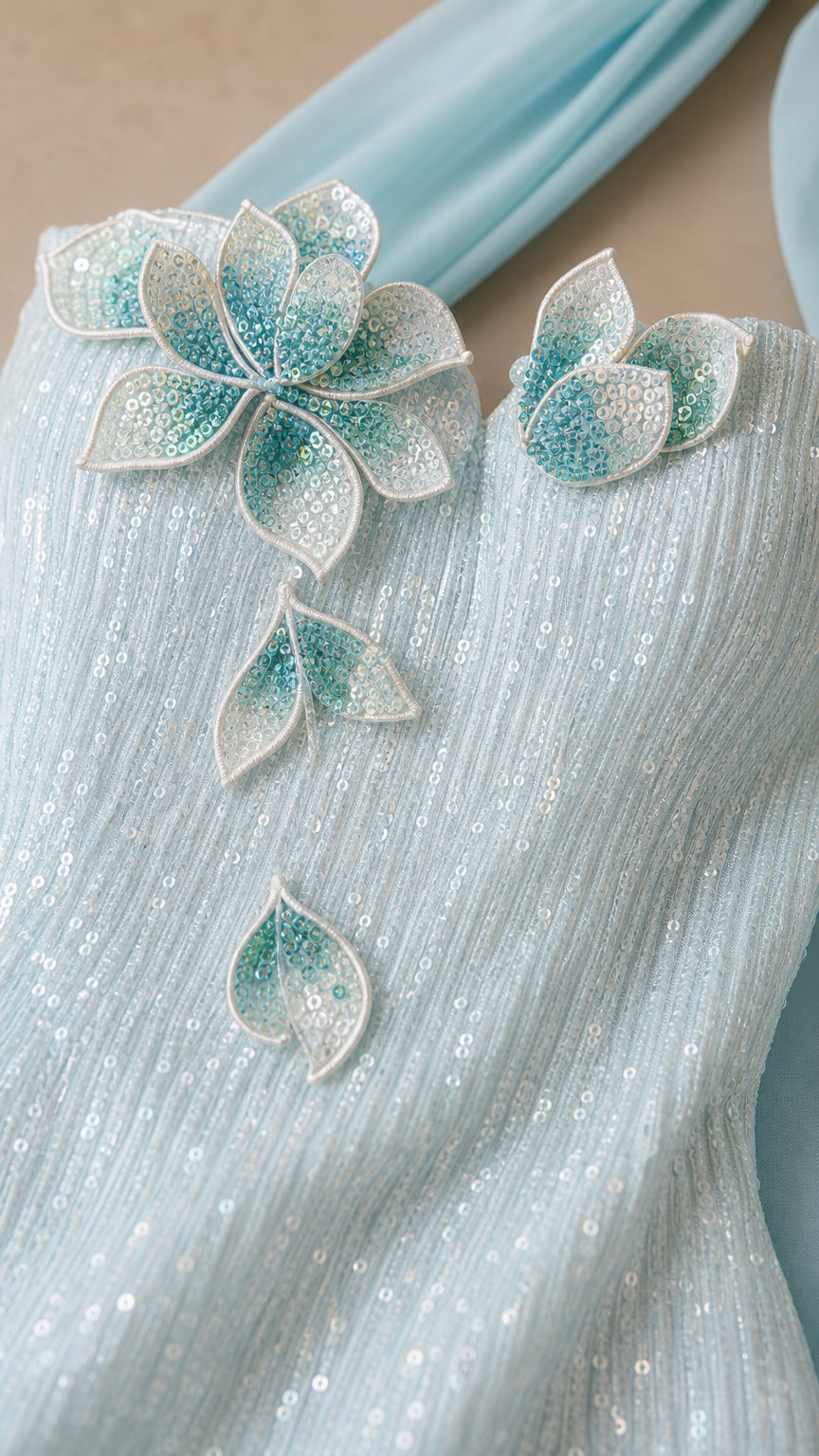 Close-up detail of beaded 3D floral appliques on the light blue sequin bodice