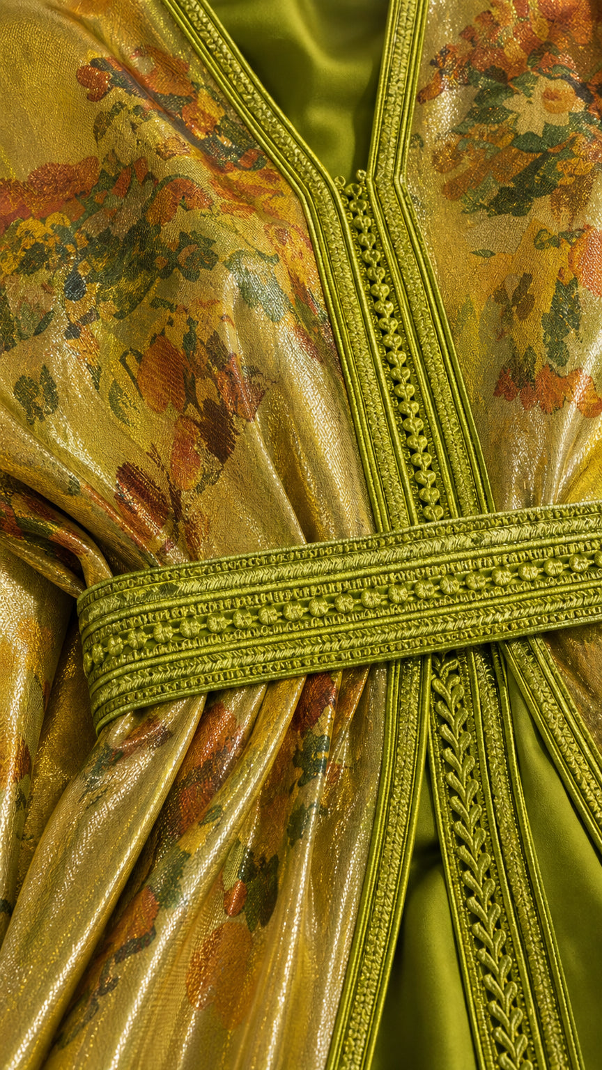 Close-up detail of the intricate braided embroidery trim and metallic floral texture