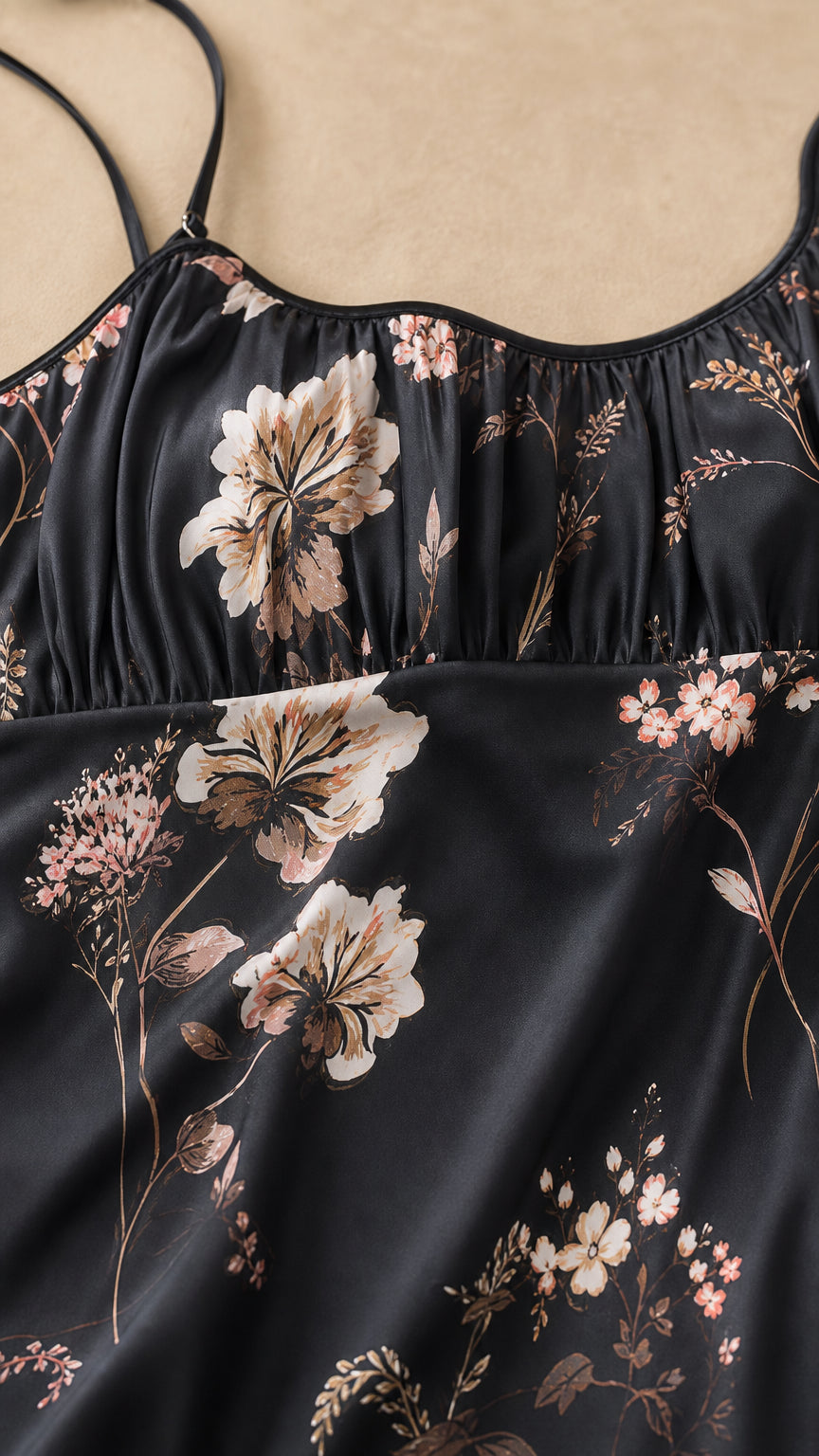 Close-up of ruched bodice and floral pattern detail