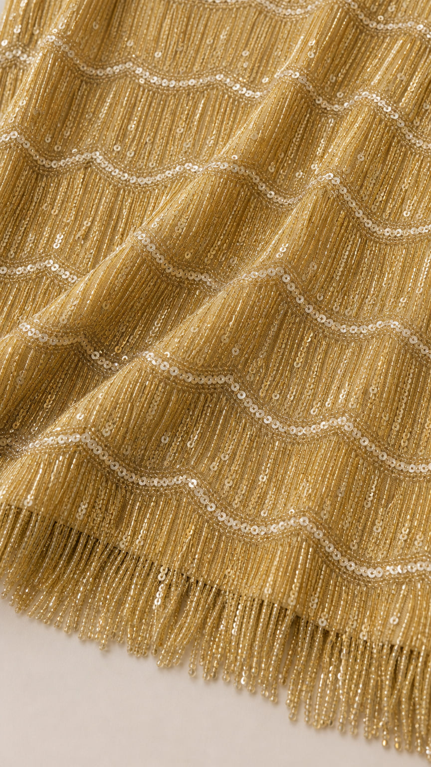 Close-up of gold textured fabric and fringe hem detail