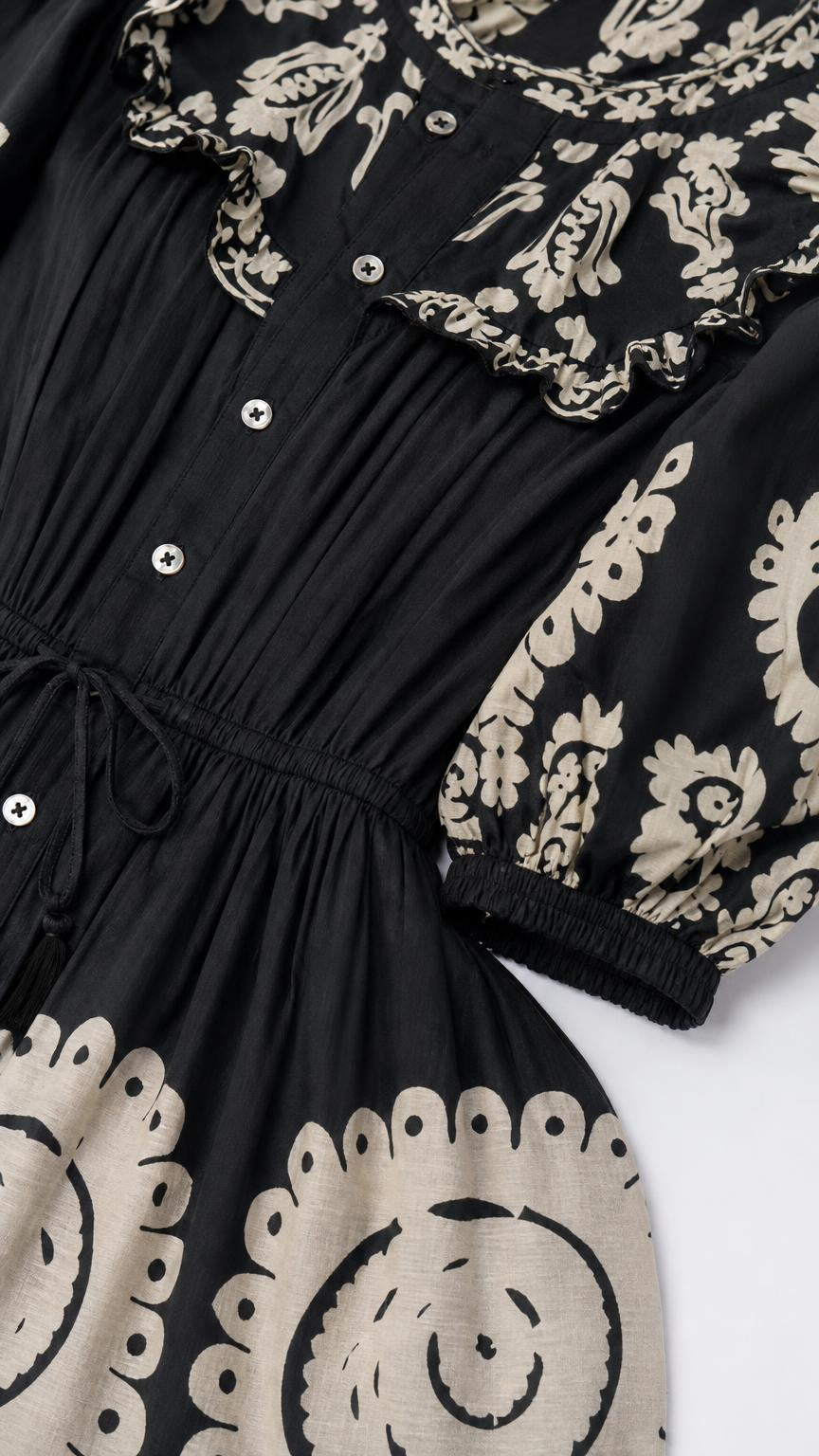 Close up of embroidery and button details on black dress