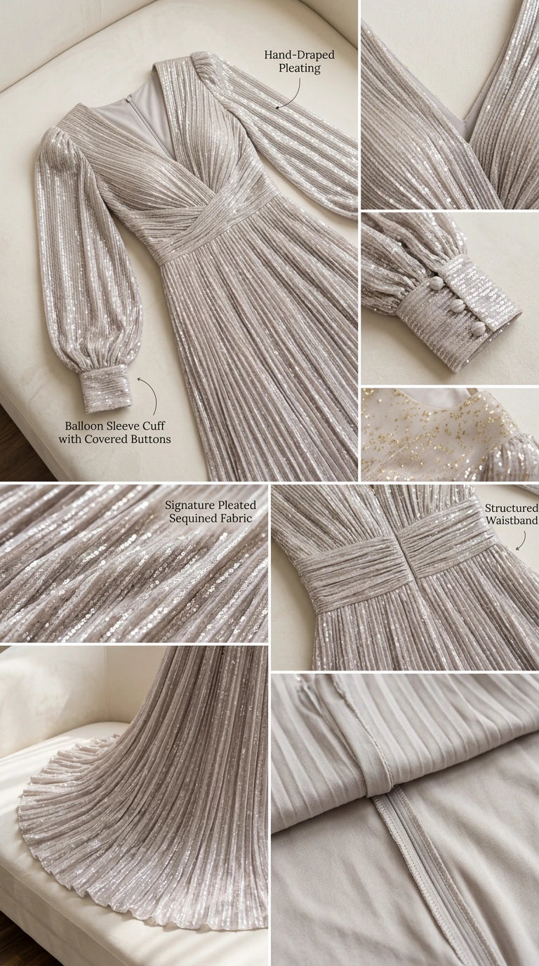 Detail view of pleated sequin bodice, button cuff sleeve, and waistband