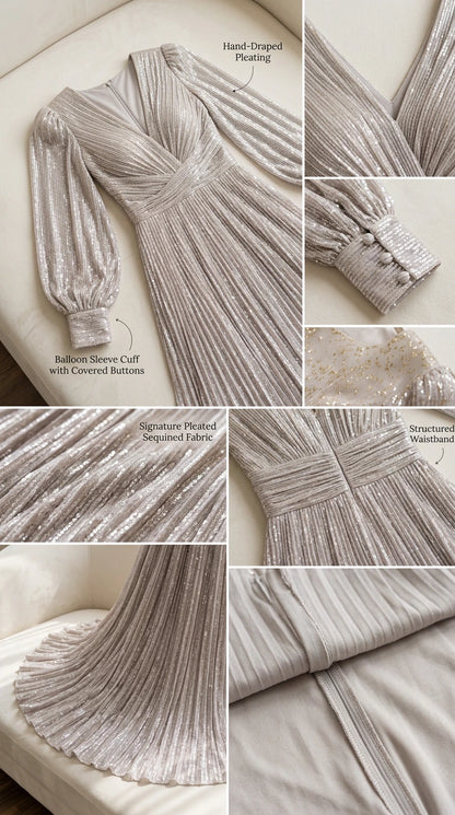 Detail view of pleated sequin bodice, button cuff sleeve, and waistband