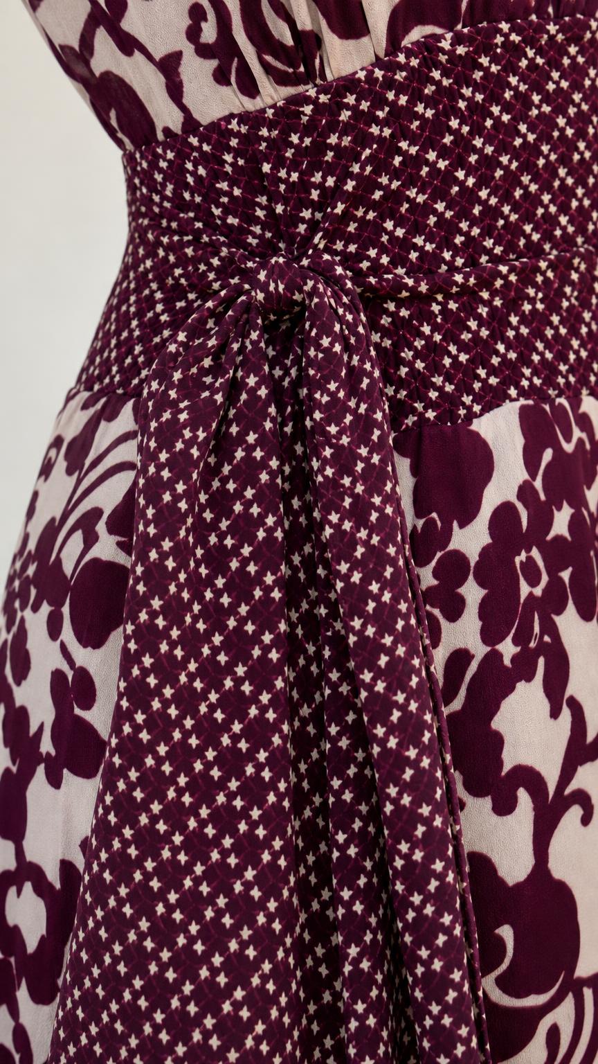 Close-up of fabric pattern and waist tie detail
