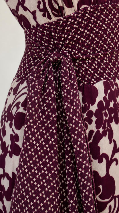 Close-up of fabric pattern and waist tie detail