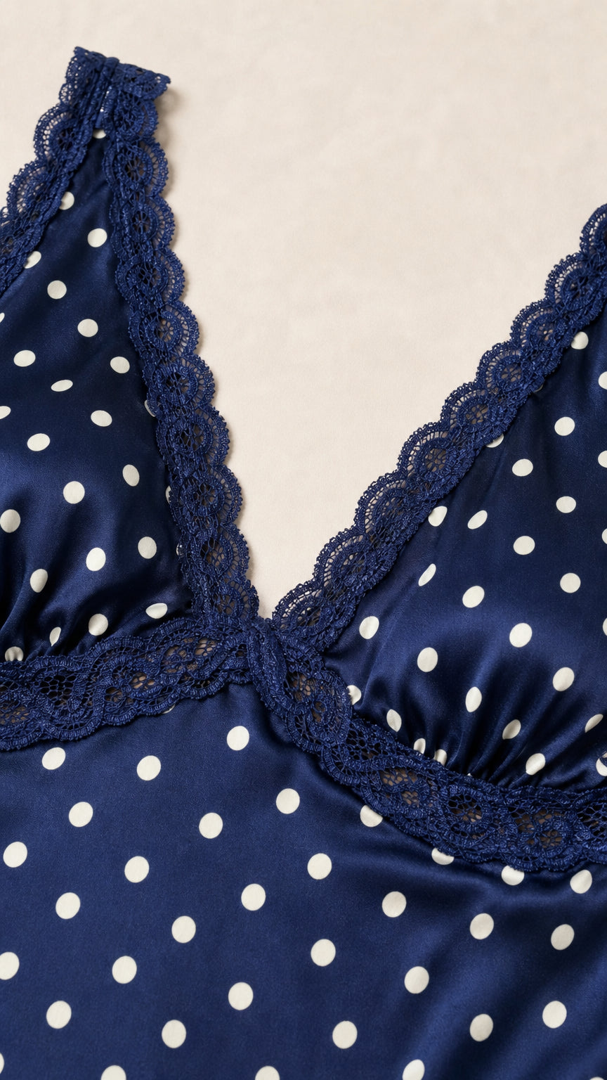 Close-up of lace trim and V-neckline on navy polka dot dress