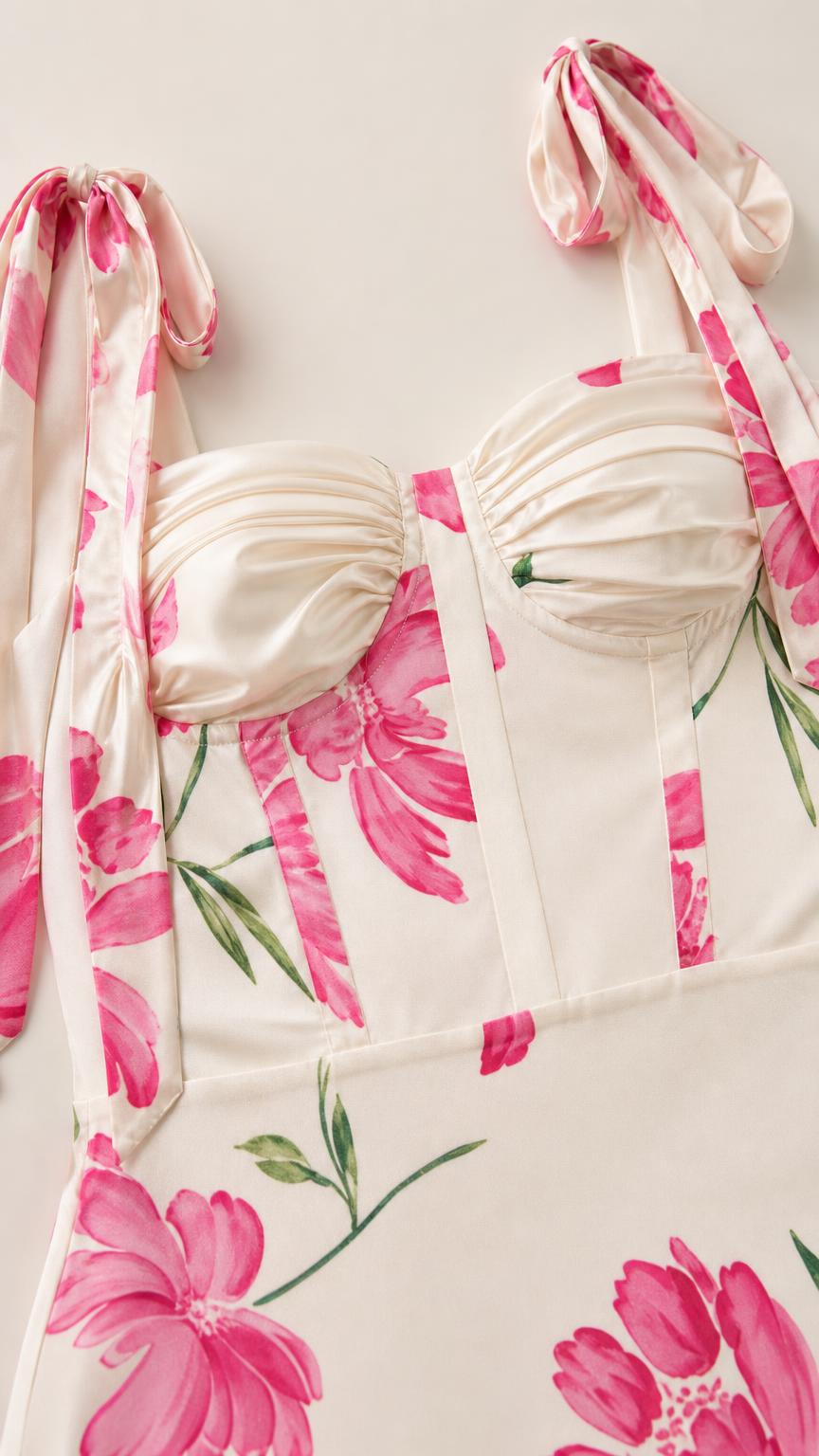 Close-up detail of sweetheart bust and tie straps on cream floral dress