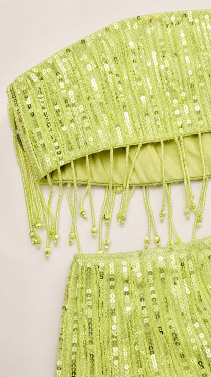 Close up detail of lime green sequin crop top and skirt