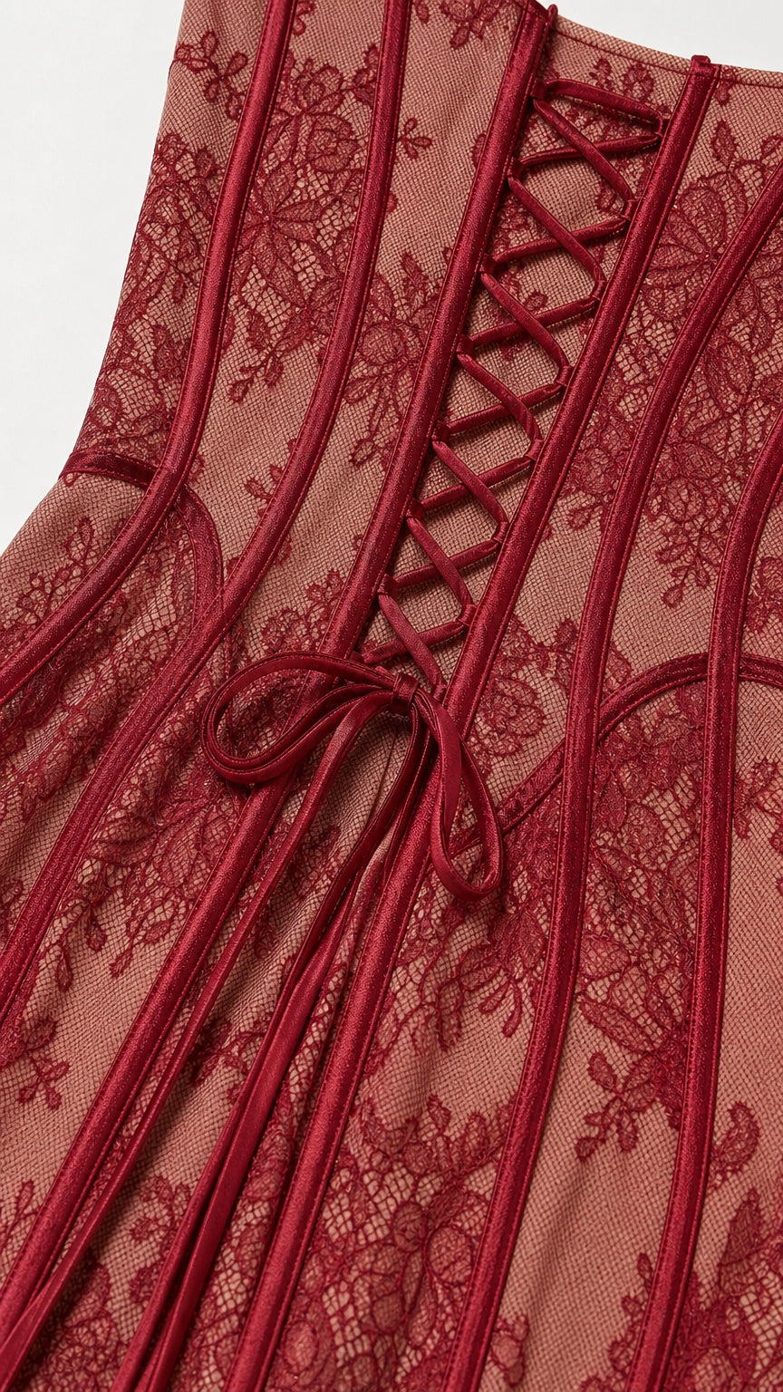 Close-up of back corset lacing and lace texture