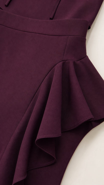 Close-up detail of the Burgundy ruffle skirt construction
