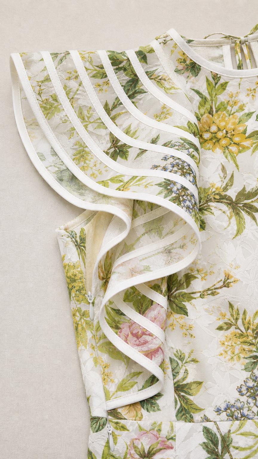 Close-up detail of shoulder ruffles and fabric texture