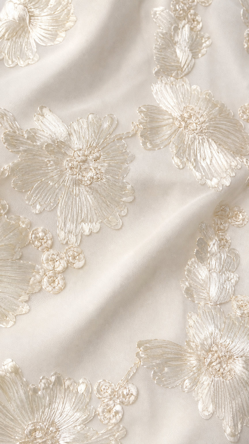Close-up detail of white floral embroidery on fabric
