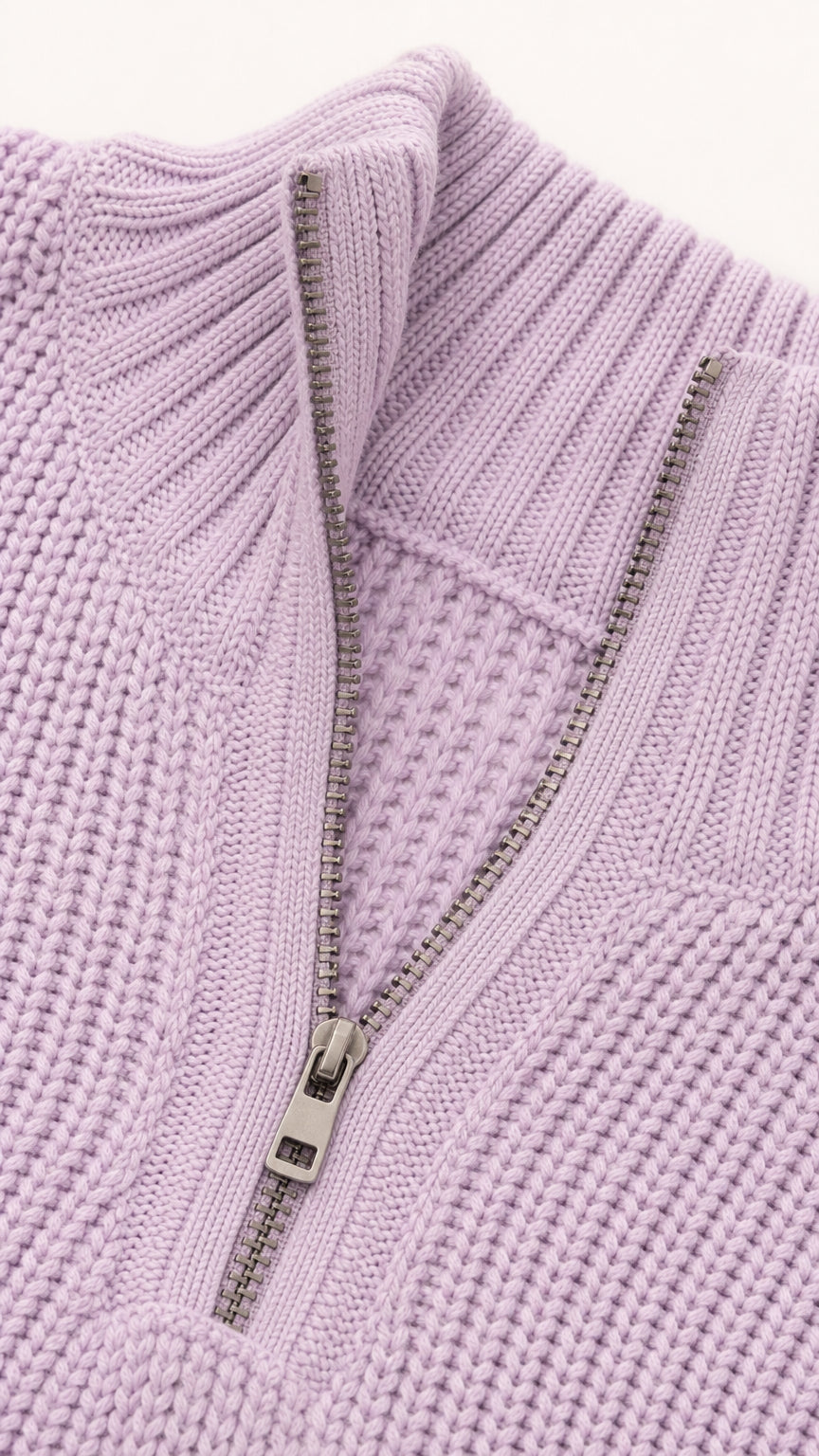 Close-up detail of metal quarter zipper and ribbed collar texture