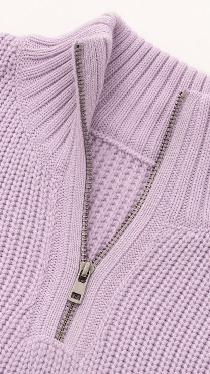 Close-up detail of metal quarter zipper and ribbed collar texture