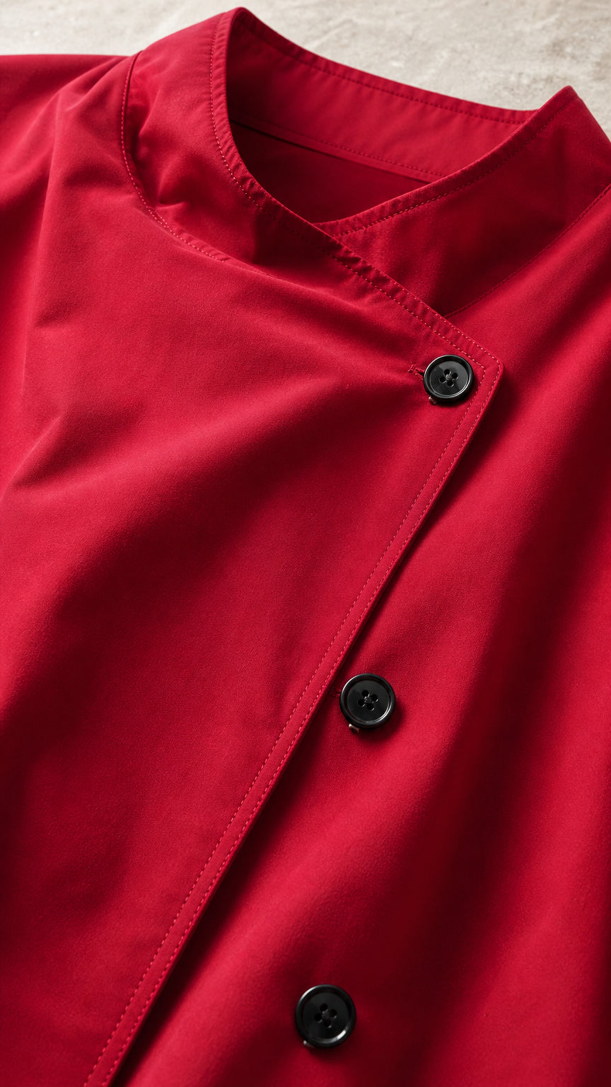 Close-up detail shot of the red fabric and diagonal black button placket