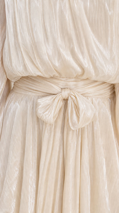 Close-up of the waist tie and fabric texture of Champagne dress