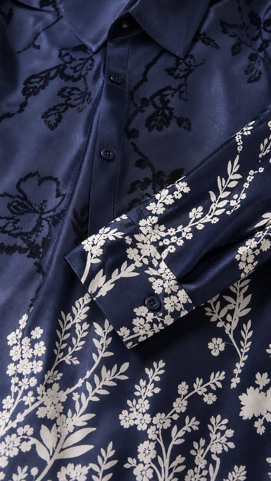 Close-up detail of Navy Blue satin fabric, collar, buttons, and floral branch print
