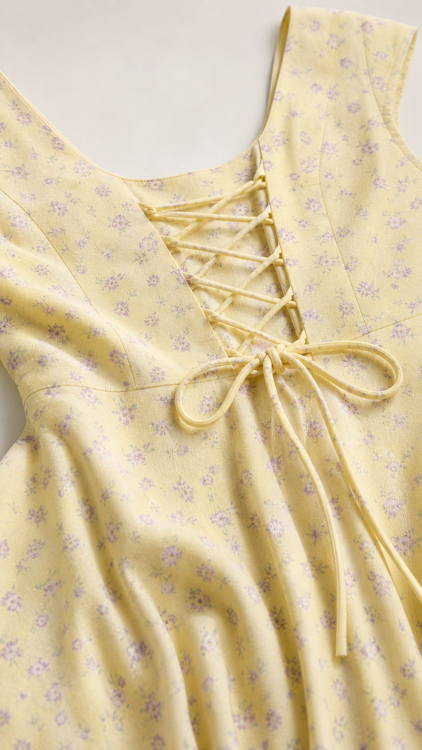 Close-up of the lace-up back detail on yellow floral fabric
