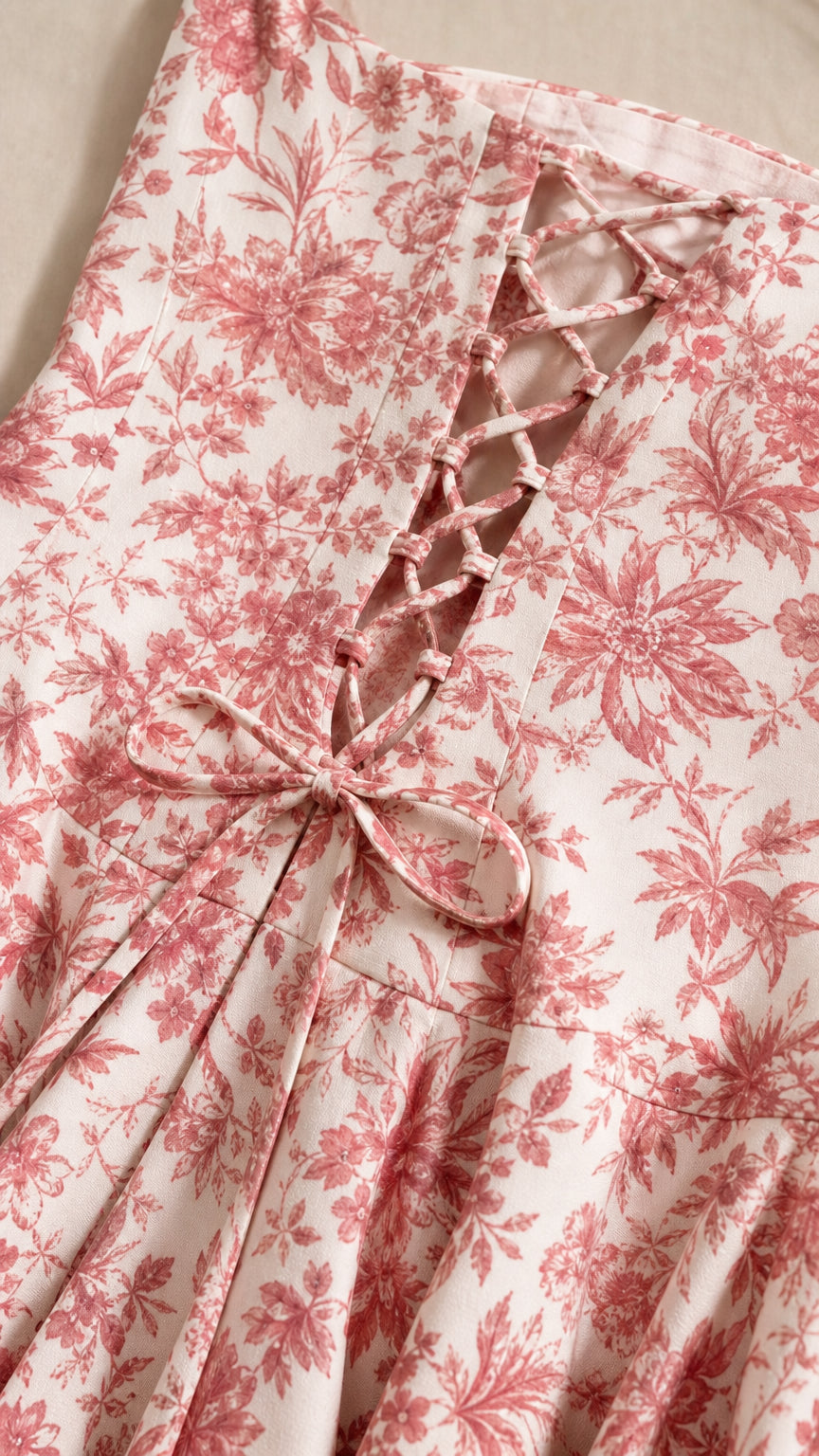 Close-up of the lace-up back and bow detail on the floral dress