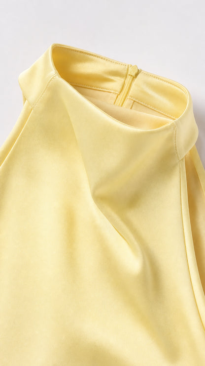 Close-up detail of high collar neckline and satin texture