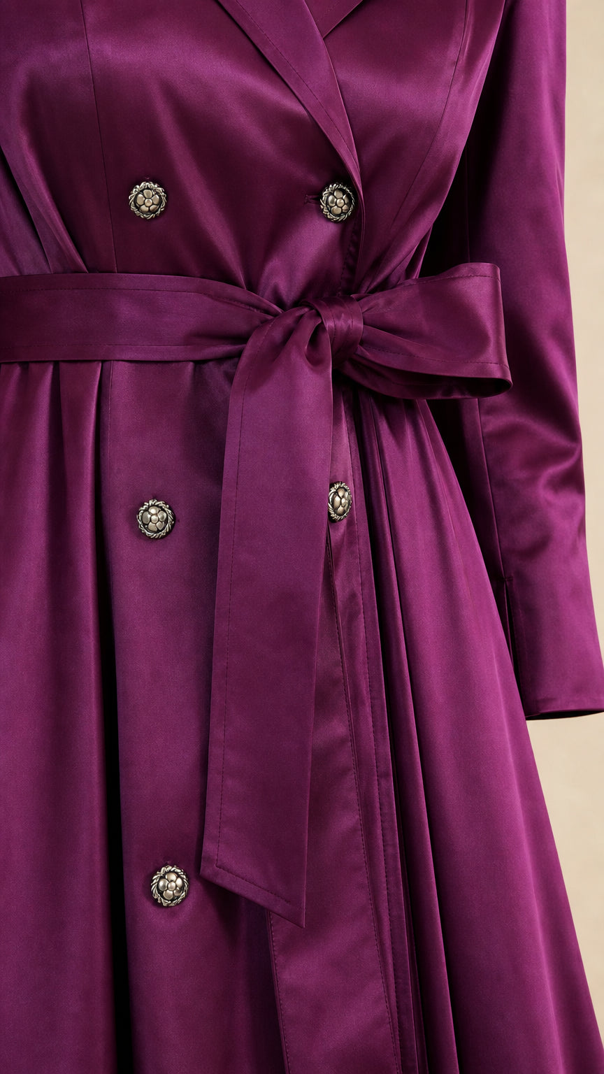 Close-up detail of double-breasted buttons and tie belt on purple satin dress