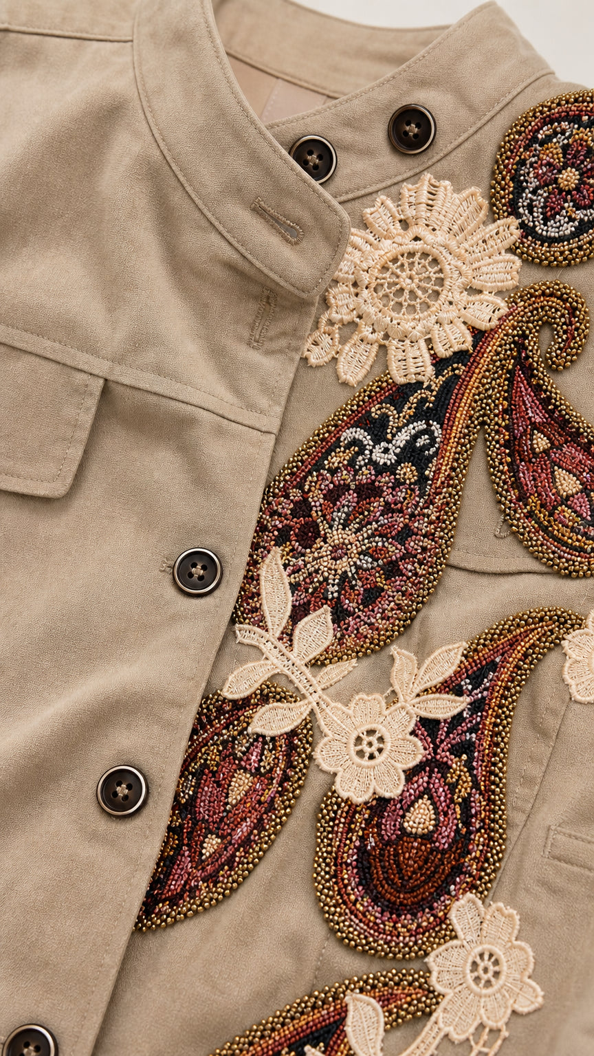 Close-up detail of paisley beadwork, buttons, and lace floral appliqués on jacket