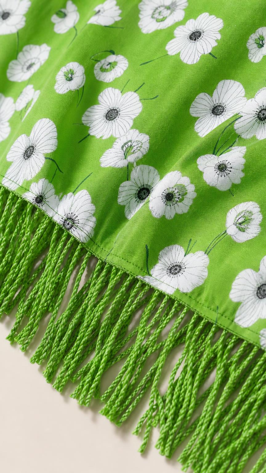Close-up of green floral fabric and matching fringe hem detail