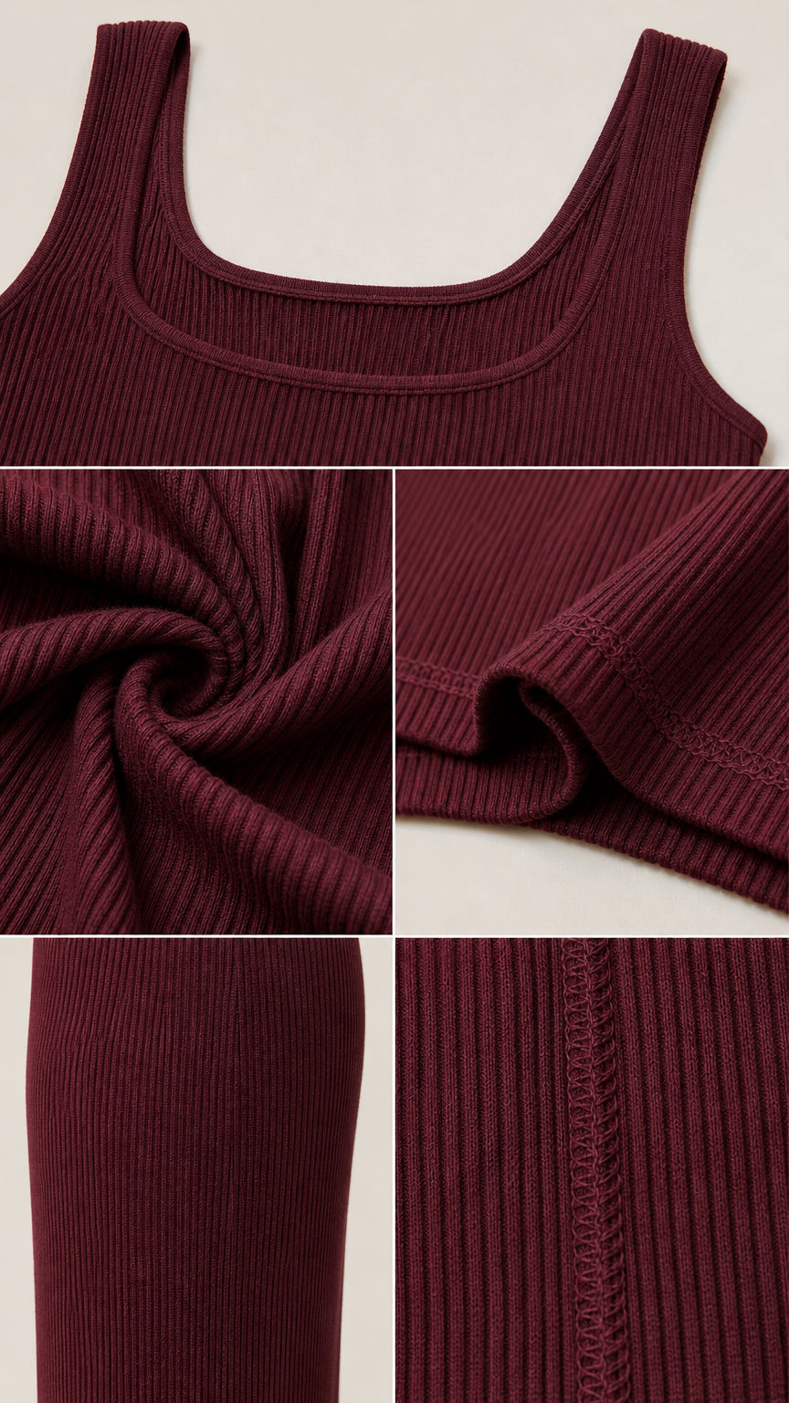 Close-up details of burgundy ribbed knit fabric texture and seam stitching