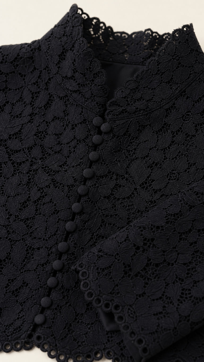 Close-up detail of black floral lace fabric, button placket, and scalloped high neckline