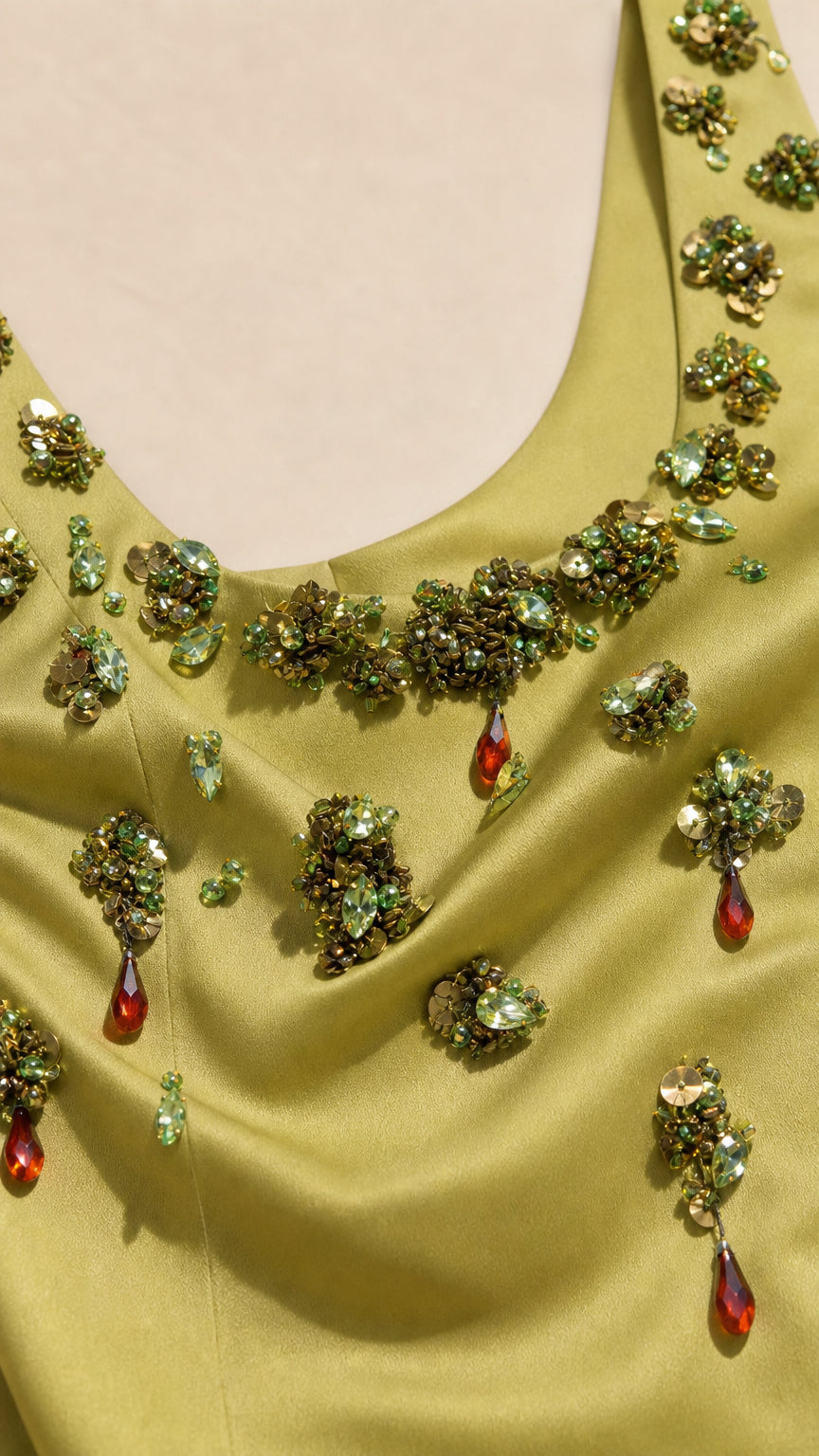 Close-up detail of beaded floral neckline and crystal accents
