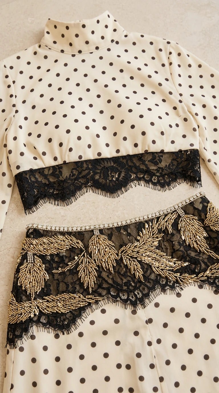 Close-up detail of lace trim on crop top and embroidered applique on high-waist maxi skirt