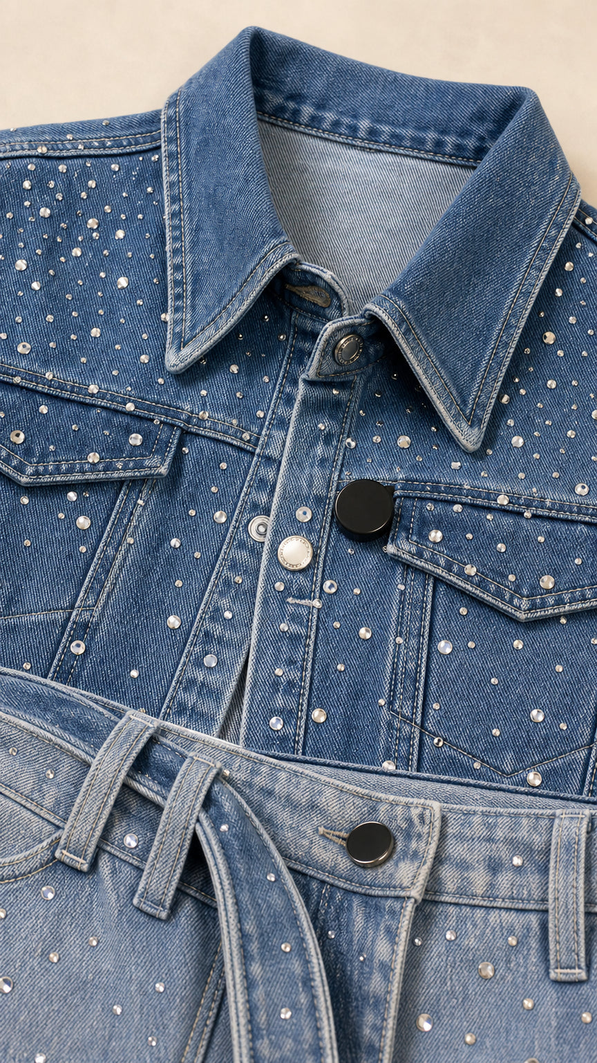 Close-up detail of blue rhinestone denim collar, buttons, and belted waistband