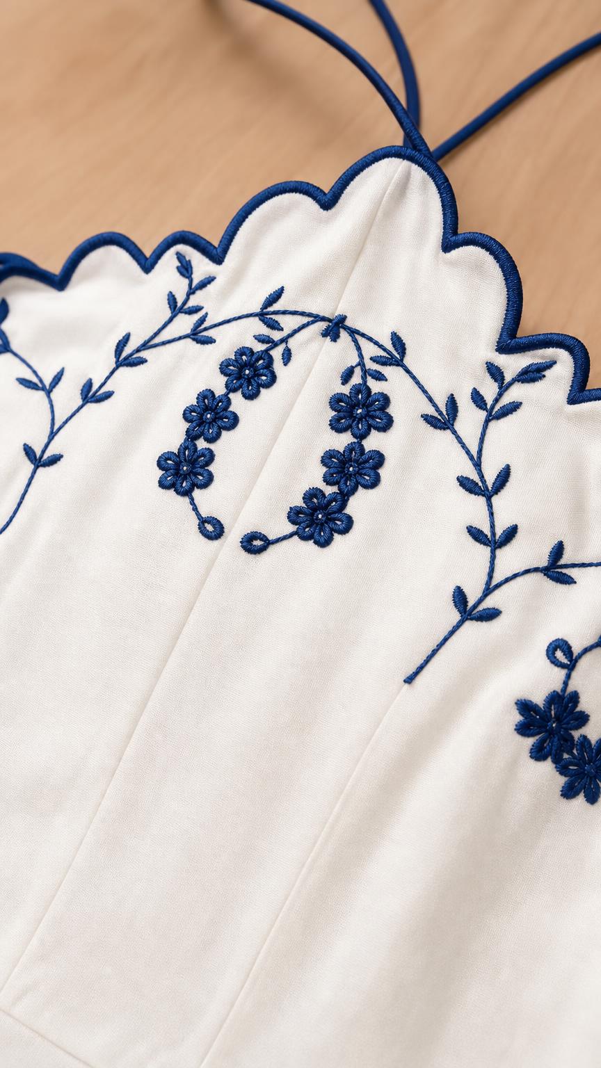 Close-up detail of floral embroidery and scalloped neckline