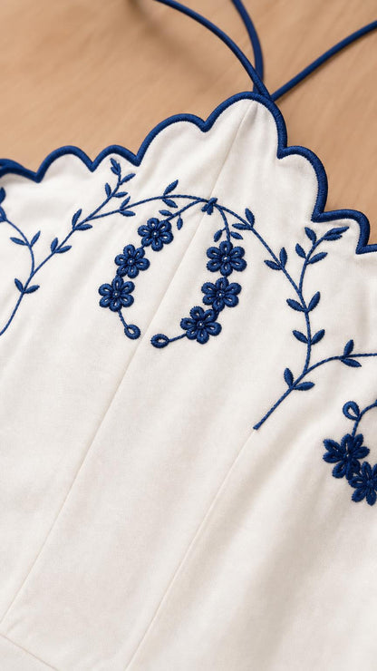 Close-up detail of floral embroidery and scalloped neckline