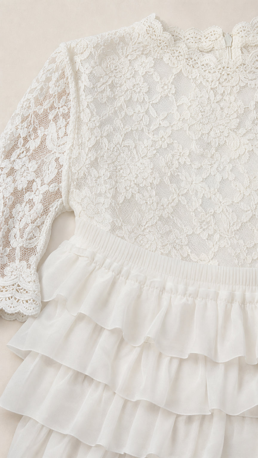 Close-up detail of white floral lace bodice and high mock neckline